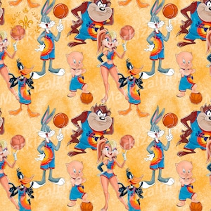 May include: A seamless pattern featuring cartoon characters Bugs Bunny, Daffy Duck, Porky Pig, and Taz in basketball uniforms. The characters are wearing blue and orange uniforms with the words "Tune Squad" on the front. The background is a yellow color with a textured look.