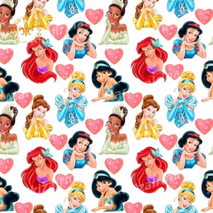 Ariel, Belle, Snow White, Jasmine, Cinderella, Tiana, Princesses of these amless file, Decorative paper, Princesses seamless file, Decorative paper