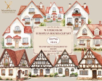 Watercolor European Houses Clipart – 33 PNG Files – Cottagecore Architecture – Rustic Village Homes – Instant Download