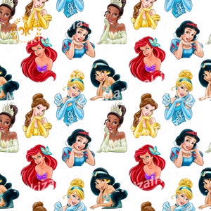 Seamless Princesses Pattern JPEG – Ariel, Belle, Snow White, Jasmine, Cinderella, Tiana – Kids Background, Printable Clipart, 12x12 in