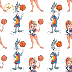 May include: A seamless pattern featuring Bugs Bunny and Lola Bunny dressed in basketball uniforms. They are both holding basketballs and are in various poses. The background is white.