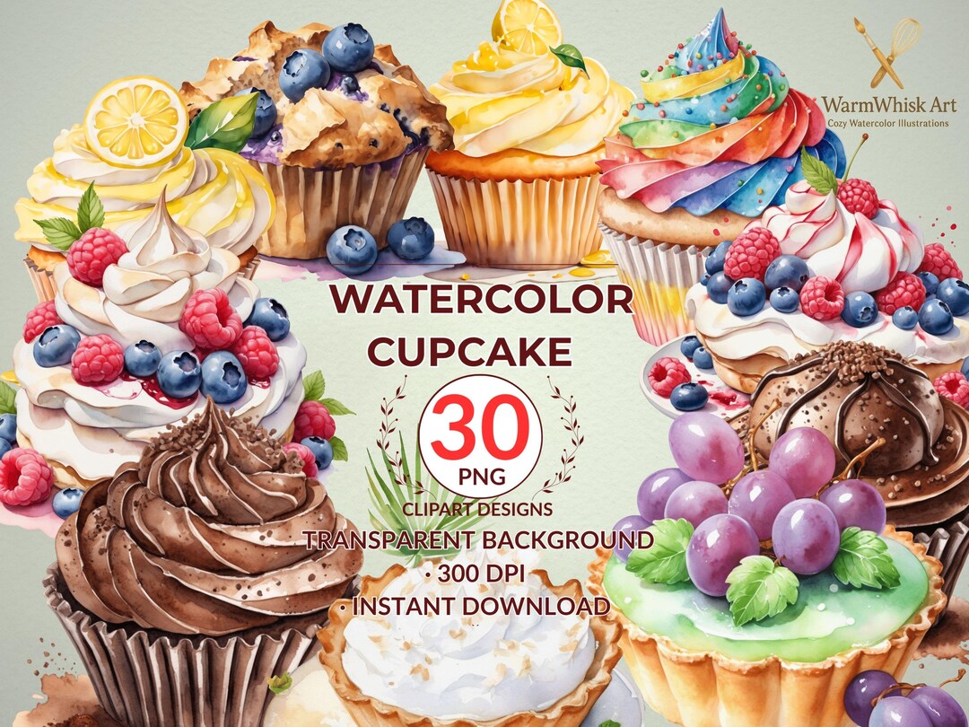 Watercolor Dessert Clipart Set – 30 Hand-painted Cupcakes Tarts and ...