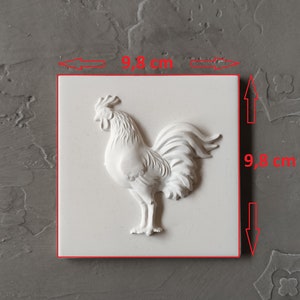 Rooster 3D square tile 3.9in (9.7cm), vintage tiles, backsplash tiles, textured tiles, antique tiles, Jesmonite decors, resin tile