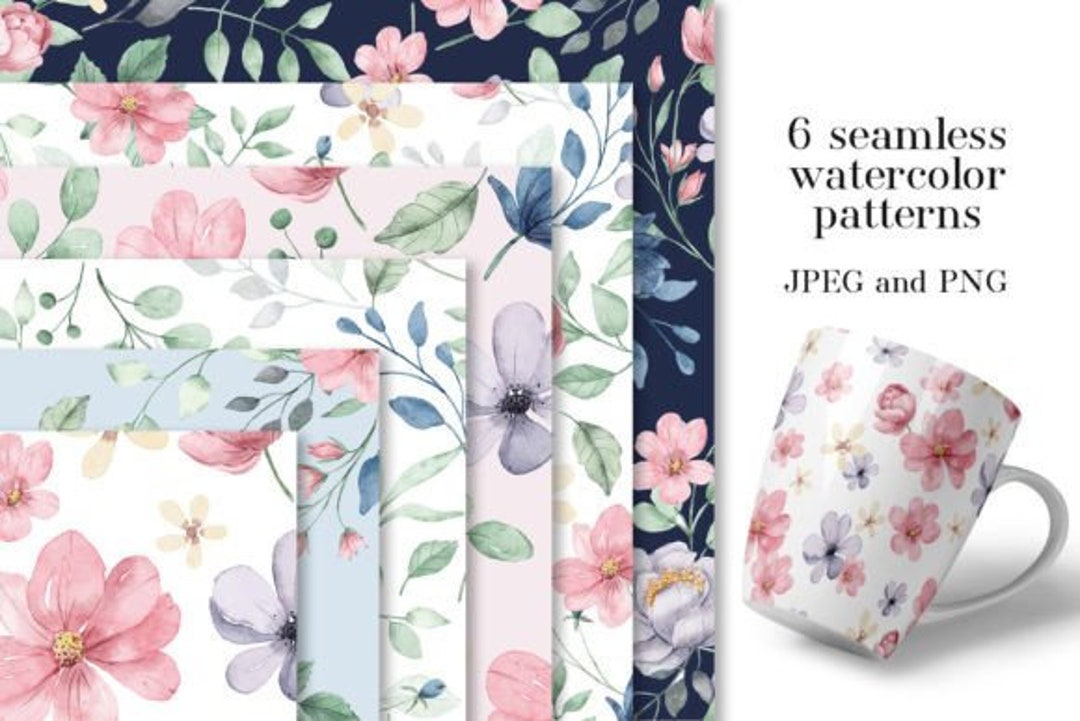 Watercolor Floral Patterns Digital Paper Pack, Seamless Botanical ...