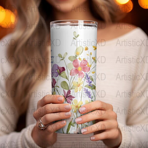 Wildflowers Tumbler Sublimation Design, 20oz Stainless Steel Drinkware, Floral Insulated Travel Mug, Botanical Pattern, Gift for NatureLover