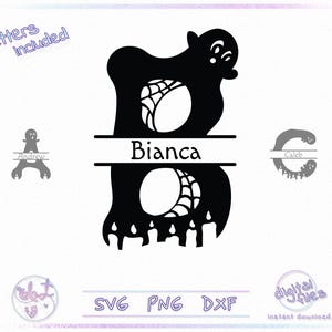 May include: Black and white silhouette of a ghost with a spiderweb and candles. The ghost is shaped like the letter B and has the name Bianca written on a banner below it.