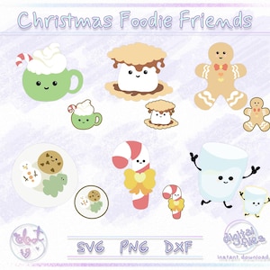 Pakiet Svg na Boże Narodzenie, Jedzenie na Boże Narodzenie, Kawaii Clipart, Urocze Wydruki, Czekolada, Pianka, Piernikowy Ludzik, Laska Cukrowa, Talerz Ciasteczek, Mleko