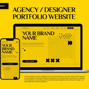 Könnte beinhalten: Ein Mockup eines Website-Designs für ein Agentur- oder Designer-Portfolio. Die Website ist gelb mit schwarzem Text und Grafiken. Der Text auf der Website lautet "Your Brand Name". Die Website wird auf einem Laptop und einem Smartphone angezeigt.