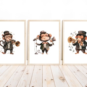 May include: Three framed watercolor illustrations of monkeys dressed in suits and playing musical instruments. The monkey on the left is playing a trumpet, the monkey in the middle is holding a microphone, and the monkey on the right is playing a trumpet.