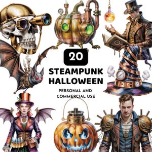 Steampunk Halloween Clipart, Vintage Gothic Halloween PNG Bundle, Witch, Pumpkin, Bat, Skull Steampunk Graphics, Vintage Spooky Gear