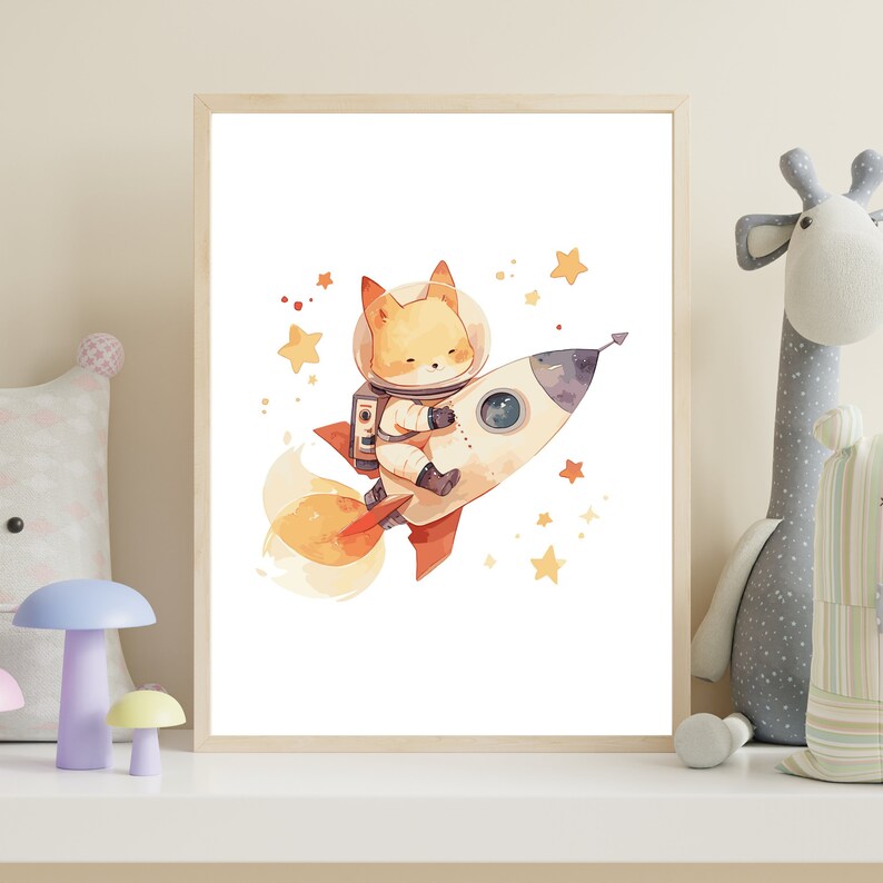 May include: Watercolor illustration of a fox astronaut in a spacesuit riding a rocket ship. The rocket is white and red, with orange flames. Yellow stars are scattered around the rocket. The artwork is framed in a light wood frame.