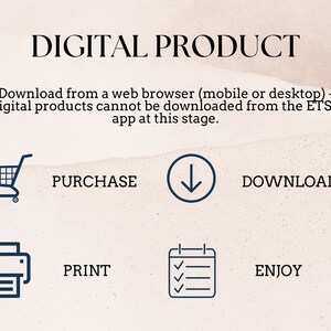 May include: An image with the text "DIGITAL PRODUCT" and instructions for downloading. Icons for purchase, download, print, and enjoy are included. The text explains that digital products must be downloaded from a web browser.