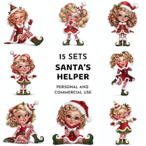 15 Christmas Elf Girl Clipart, Santa&#39;s Helper Clipart, Winter Elf JPG, Whimsical Holiday Illustration, Holiday Elf JPG, Whimsical Christmas