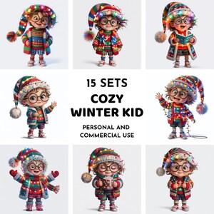 15 Funny Winter Character Clipart, Christmas Lights Kid JPG, Watercolor Christmas Kids, Winter Kids Clipart, Whimsical Christmas Clipart