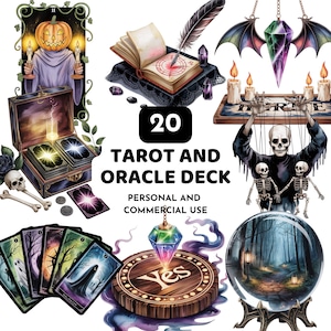 May include: A collection of tarot and oracle deck images. The image features a pumpkin-headed figure, a treasure chest with cards, a crystal ball, a book with a feather, and a wooden board with the word "Yes". The text reads "20 Tarot and Oracle Deck".