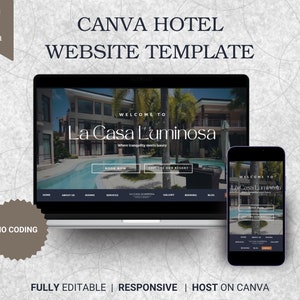 Puede incluir: Una plantilla de sitio web de Canva para hoteles, con un diseño moderno con una piscina y palmeras. La plantilla es totalmente editable y adaptable, y se puede alojar en Canva. El texto en el sitio web dice "Bienvenido a La Casa Luminosa, Donde la tranquilidad se encuentra con el lujo".