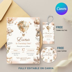 Convite de aniversário de 1 ano para menina, convite de aniversário boho editável, convite de aniversário boho neutro, convite de primeiro aniversário boho rústico