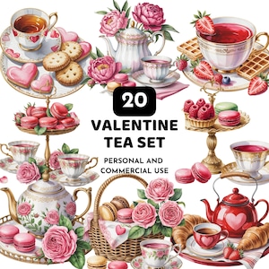 Pode incluir: Uma ilustração digital de um conjunto de chá de Dia dos Namorados com xícaras, bules, biscoitos, macarons e doces. A imagem inclui o texto "20 Valentine Tea Set" e "Personal and Commercial Use".