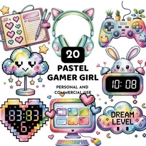 May include: A collection of pastel-colored digital illustrations featuring gaming-themed elements. Includes a headset with cat ears, a game controller, a bunny alarm clock, a computer, a cloud, a heart, and a notebook. The text "20 PASTEL GAMER GIRL" is also present.