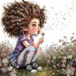 15 JPG Dandelion Girl Clipart, Curly Hair Watercolor Illustration, Wildflower Digital Art, Watercolor Flower Girl, Whimsical Ephemera