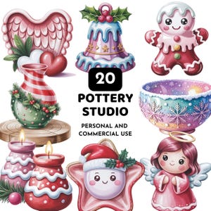 Può includere: Una collezione di illustrazioni natalizie ad acquerello. Include un omino di pan di zenzero, un angelo, una campana, un ornamento a forma di stella con un pupazzo di neve e una ciotola con fiocchi di neve. È presente anche il testo "Pottery Studio".
