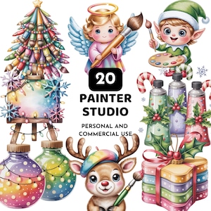 May include: A digital art graphic with a Christmas theme and a painter's studio concept. The image includes a Christmas tree made of paintbrushes, an angel, an elf, a reindeer, paint tubes, and ornaments. The text reads "20 PAINTER STUDIO PERSONAL AND COMMERCIAL USE."