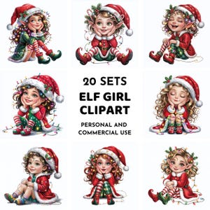 20 imágenes prediseñadas de elfos peculiares, imágenes prediseñadas de niña navideña, elfos ayudantes de Papá Noel, láminas infantiles de temporada, imágenes prediseñadas de elfos navideños caprichosos, creación de tarjetas