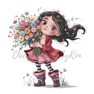 15 Cute Whimsical Girl, Watercolor Flower Girl, Spring Girl Illustration, Girl Holding Flowers, Flower Bouquet Girl, Floral Crown Hair