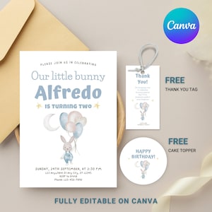Editable Rabbit Party Invitation, Bunny Theme First Birthday Part Invitation, Baby Bunny Party Theme, Bunny First Birthday Card