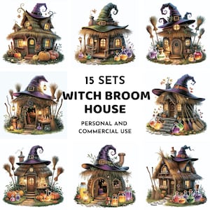 Witch Hat Cottage Clipart, Halloween Potion House JPG, Magical Witch House Illustration Set, Spooky Cottage Clipart, Halloween Witch House