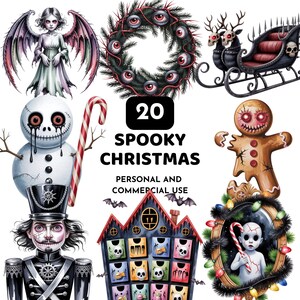 May include: Digital illustration with spooky Christmas themes. Includes a wreath of eyes, a snowman with eye-shaped tears, a gingerbread man, a sleigh with skull accents, and a haunted house advent calendar. The text reads "20 Spooky Christmas".