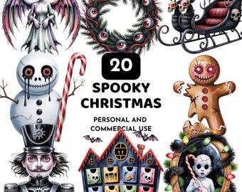 Griezelige kerst clipart png, spookachtige vakantie gotische notenkraker, spook sneeuwpop, peperkoek, donkere kerst, sublimatie, stickers