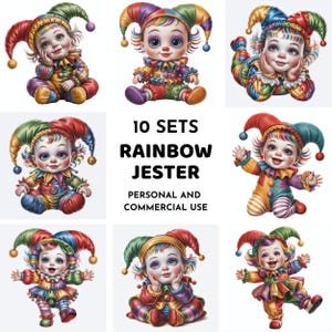 Wunderliche Baby Clown Clipart, bunte Jester Doll JPG, Baby-Halloween-Clipart, süße Halloween-Clown-Illustration, Halloween-Sublimation