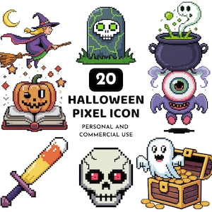 May include: A collection of 20 Halloween pixel icons. The icons include a witch on a broom, a tombstone, a cauldron with a ghost, a jack-o'-lantern, a monster with one eye, a candy corn sword, a skull, and a treasure chest.