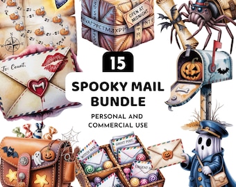 Paquete de imágenes prediseñadas de correo de Halloween espeluznante, correo fantasma, gráficos de brujas (PNG)