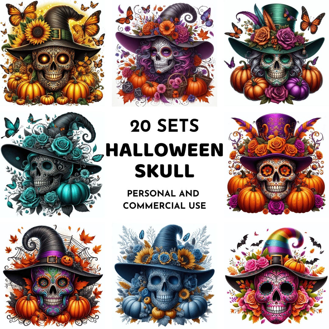 Sugar Skull Witch Clipart Bundle, Floral Halloween Skull JPG, Day of ...