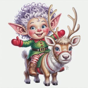 10 Christmas Elf Riding Reindeer Clipart, Festive Holiday JPG, Funny Elf Sublimation, Santa Helper Clipart, Christmas Character Illustration