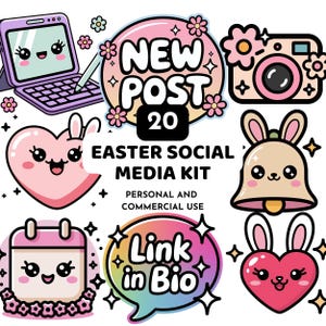 May include: An Easter-themed social media kit illustration. It includes a laptop, camera, bell, calendar, heart, and speech bubble with "Link in Bio". The design uses pastel colours and floral accents, with a cute, cartoonish style. The text reads "Easter Social Media Kit".