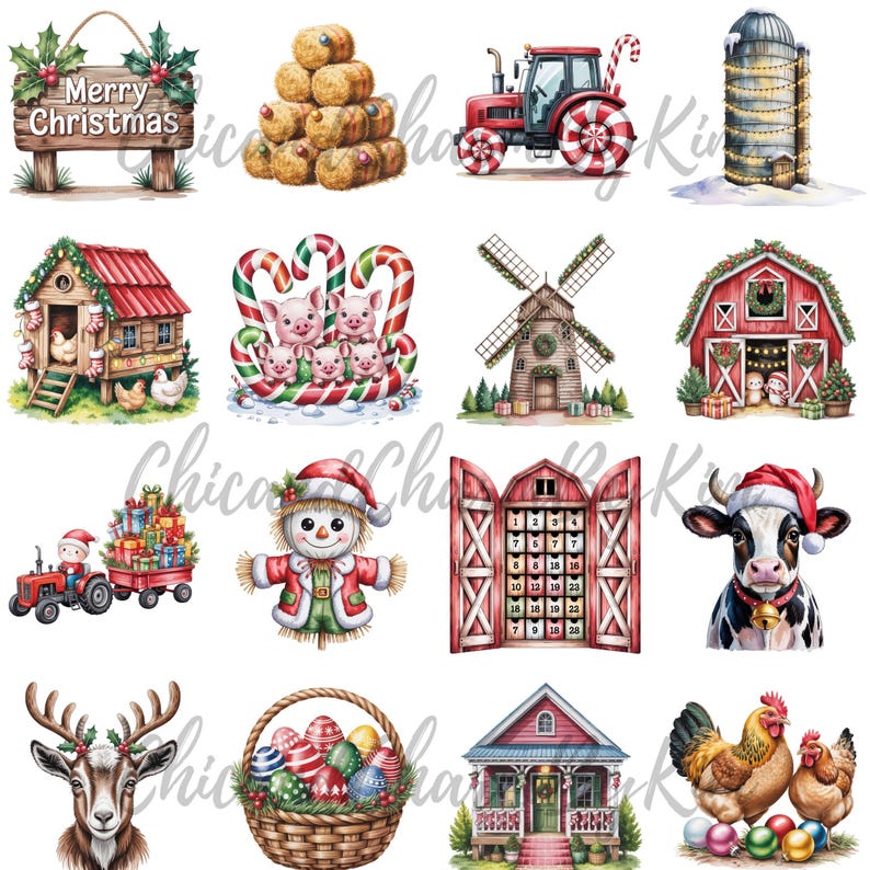 Rustic Christmas Farm Clipart, Holiday Barn Animals PNG (digital ...