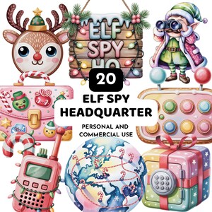 Puede incluir: Una ilustración caprichosa con elementos navideños. Incluye un reno con cuernos con una estrella, un letrero que dice "ELF SPY HQ" y un elfo con binoculares. Otros elementos incluyen una maleta rosa, un globo terráqueo y una caja de regalo.