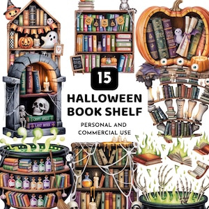 Puede incluir: Una imagen que muestra 15 ilustraciones de estanterías con temática de Halloween. La imagen presenta estanterías adornadas con calabazas, fantasmas, murciélagos y telarañas. El texto dice "Halloween Book Shelf" y "Personal and Commercial Use."