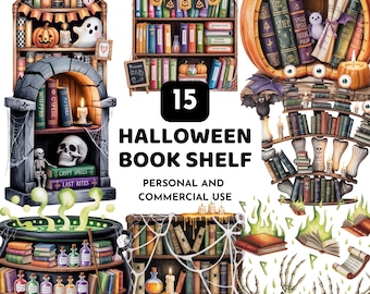 ハロウィン本棚クリップアート、不気味な魔女図書館PNG、ポーション棚、幽霊が出る本棚、ゴシック呪文本アート、ハロウィン装飾セット