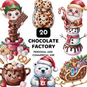 May include: A whimsical illustration featuring a chocolate fountain, cookies, Santa Claus, a snowman, a polar bear, and a sleigh filled with gifts. The image includes the text "20 CHOCOLATE FACTORY PERSONAL AND COMMERCIAL USE."