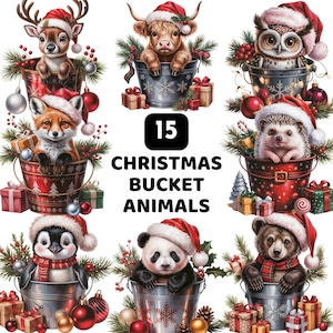 15 imágenes prediseñadas de animales navideños, imágenes prediseñadas de animales bebés, imágenes prediseñadas navideñas lindas, paquete de animales con gorro de Papá Noel, vaca de las Tierras Altas navideña, cubo navideño PNG