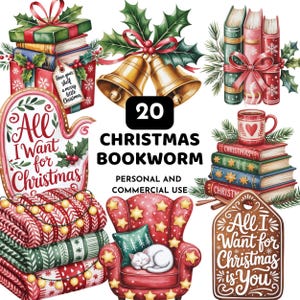 Könnte beinhalten: Weihnachtliche Illustrationen mit Büchern, Glocken und festlichen Dekorationen. Enthält einen Stapel Bücher als Geschenk verpackt, einen gemütlichen Sessel mit einer schlafenden Katze und den Text "All I Want for Christmas is You."