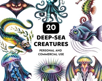 20 Spooky Deep Sea Creatures Clipart, Ocean Monster PNG (Commercial Use)