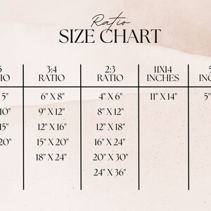 May include: A size chart with the word "Ratio" at the top. The chart lists sizes in inches for various aspect ratios, including 4:5, 3:4, 2:3, 11x14 inches, and 5x7 inches. The background has a soft, watercolor-like texture.
