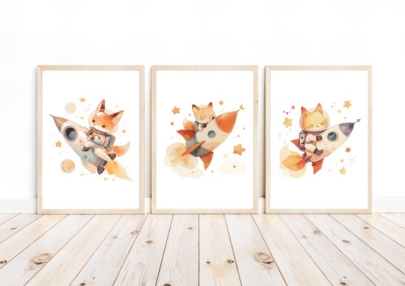 Fox Nursery Decor, Fox Nursery Theme, Fox Wall Art, Modern Nursery Decor, Rocket Decor, Rocket Ship Nursery Art, Baby Room Wall Art