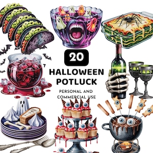 Puede incluir: Ilustración digital de una fiesta de Halloween con varios alimentos espeluznantes. La imagen incluye tacos, un ponchera, lasaña, una botella de vino sostenida por una mano de esqueleto, cupcakes y una olla de fondue. El texto dice "20 Halloween Potluck".
