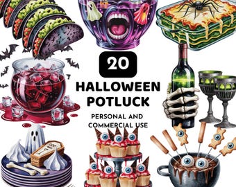 Pacote de Clipart de Comidas de Halloween – Guloseimas Assustadoras em Aquarela, Poções de Bruxa, Comidas de Festa Assustadoras e Sobremesas Góticas em PNG (Uso Comercial)